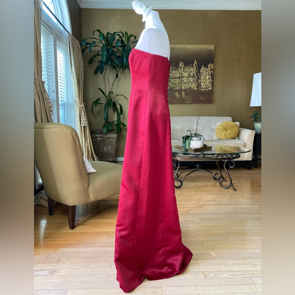 Nicole Miller Strapless Red Satin Evening Gown Crimson Formal Maxi Dress - Picture 2 of 15